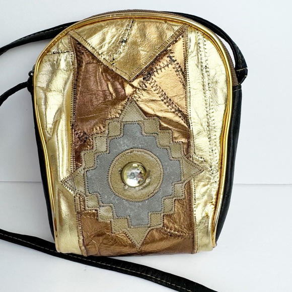 Vintage Jewel Embellished Gold Bronze Metallic Patchwork Mini Crossbody Bag 5x8 - Picture 1 of 16